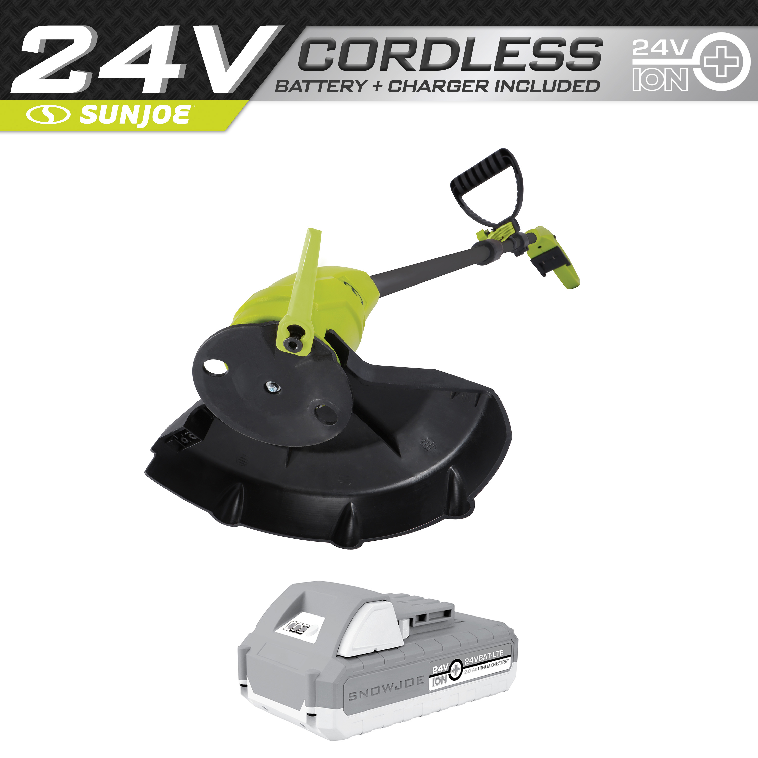 Sun Joe 24-volt cordless stringless 10-inch grass trimmer kit with a 2.0-Ah lithium-ion battery.