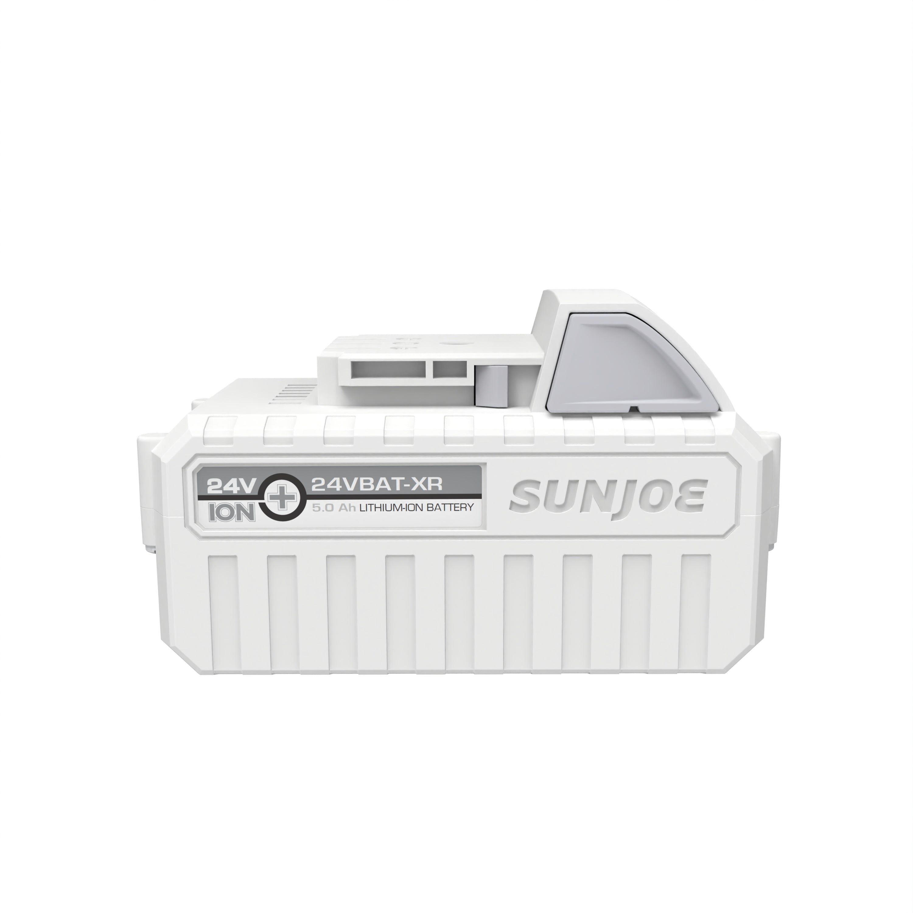 Side view of the Snow Joe and Sun Joe 24-Volt 5.0-Ah lithium-ion battery.