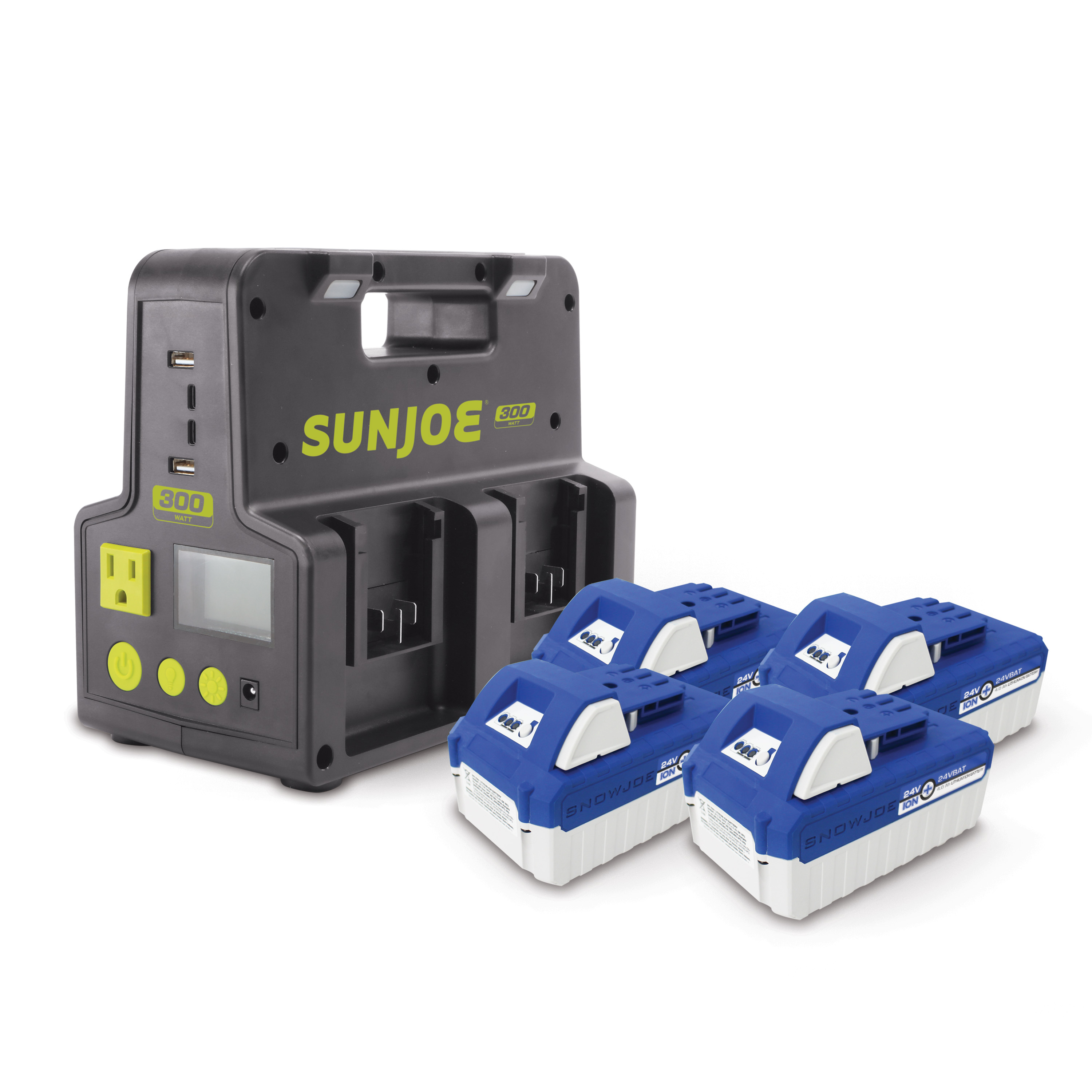 Sun Joe 24-Volt Cordless Hot-Swap Powered Inverter Generator Power Station with four 4.0-Ah lithium-ion batteries.