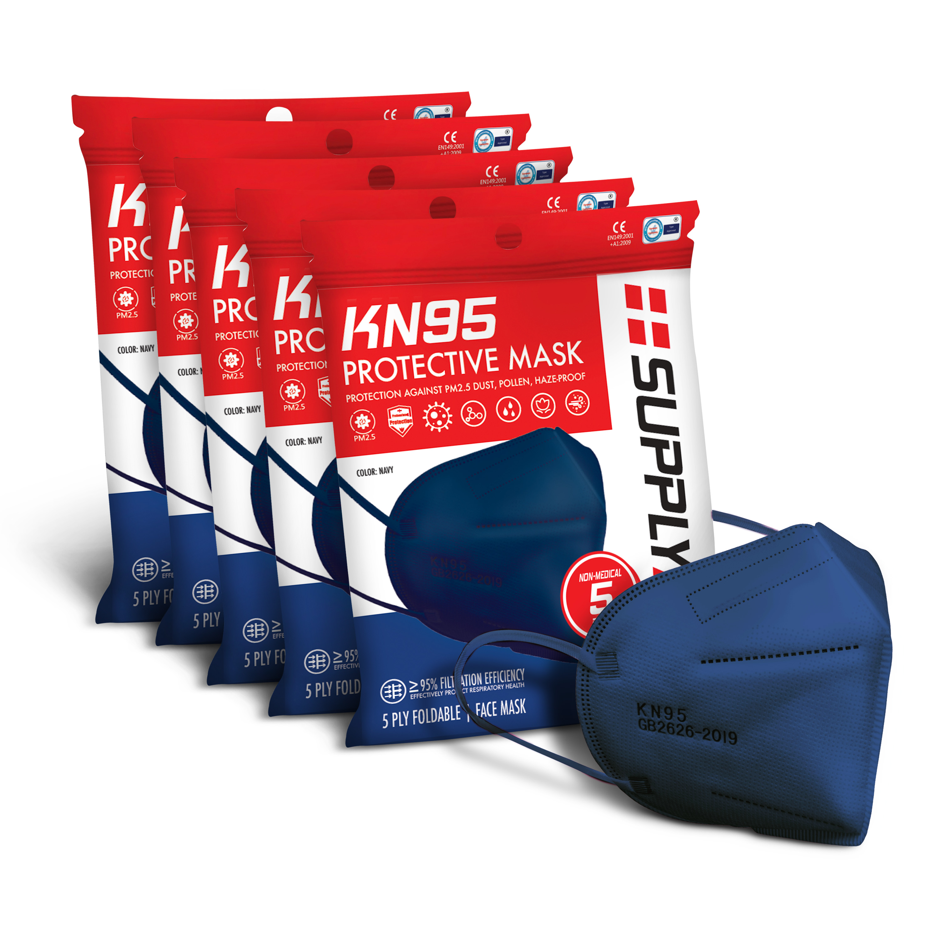 Supply Aid 5-pack of Navy KN95 Protective Face Masks.