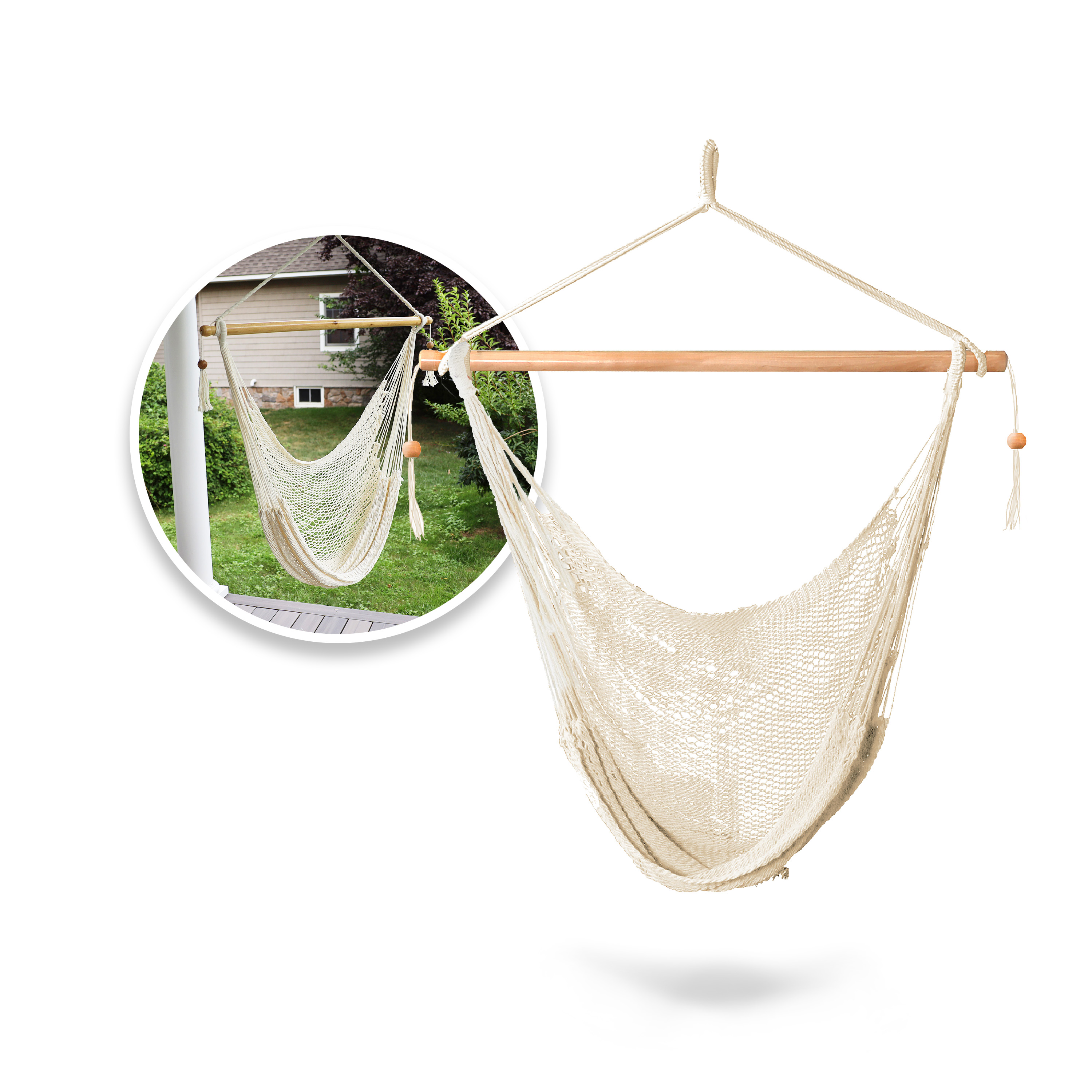 Bliss Hammocks BHC-412PR Island Rope Hammock Chair, Eco Friendly ＆  Hand-Woven Cotton, Varnish Coated 40 Inch Wood Spreader, Easy w/Included  Hanging K テーブル、チェア、ハンモック