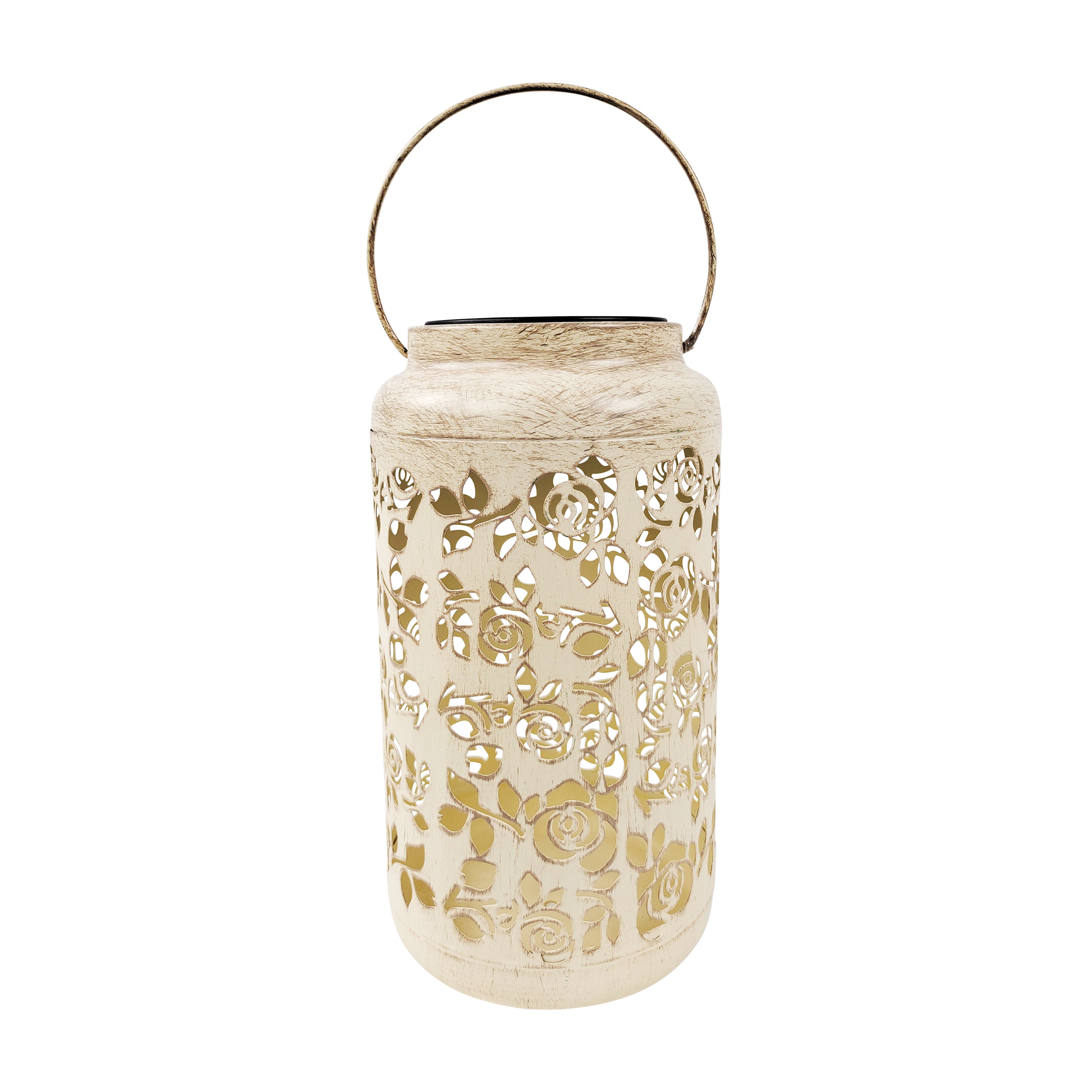 9-inch solar LED white lantern with rose design.