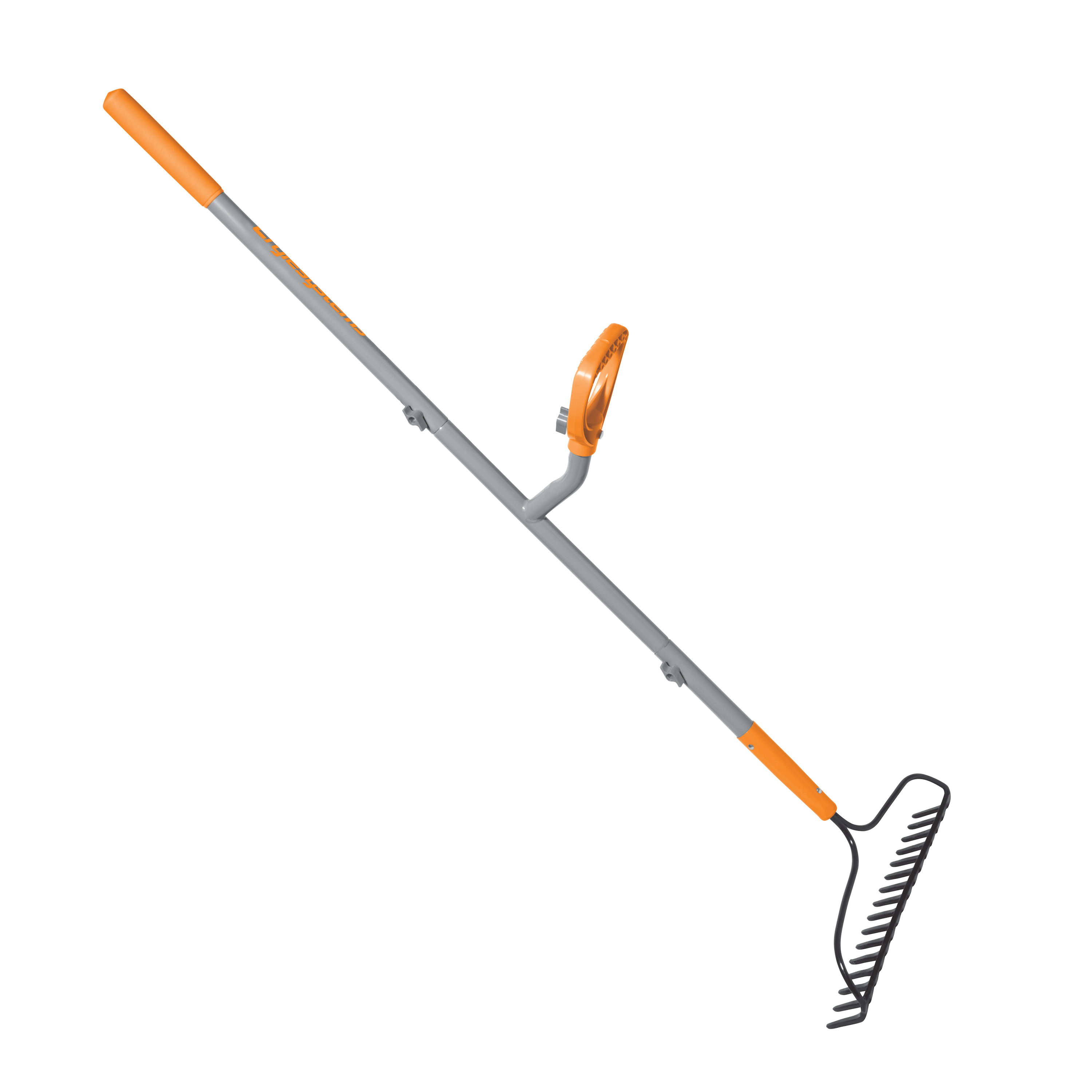 Right-side view of the ErgieSystems 55-inch Steel Shaft Strain Reducing Bow Rake with 16 tines.