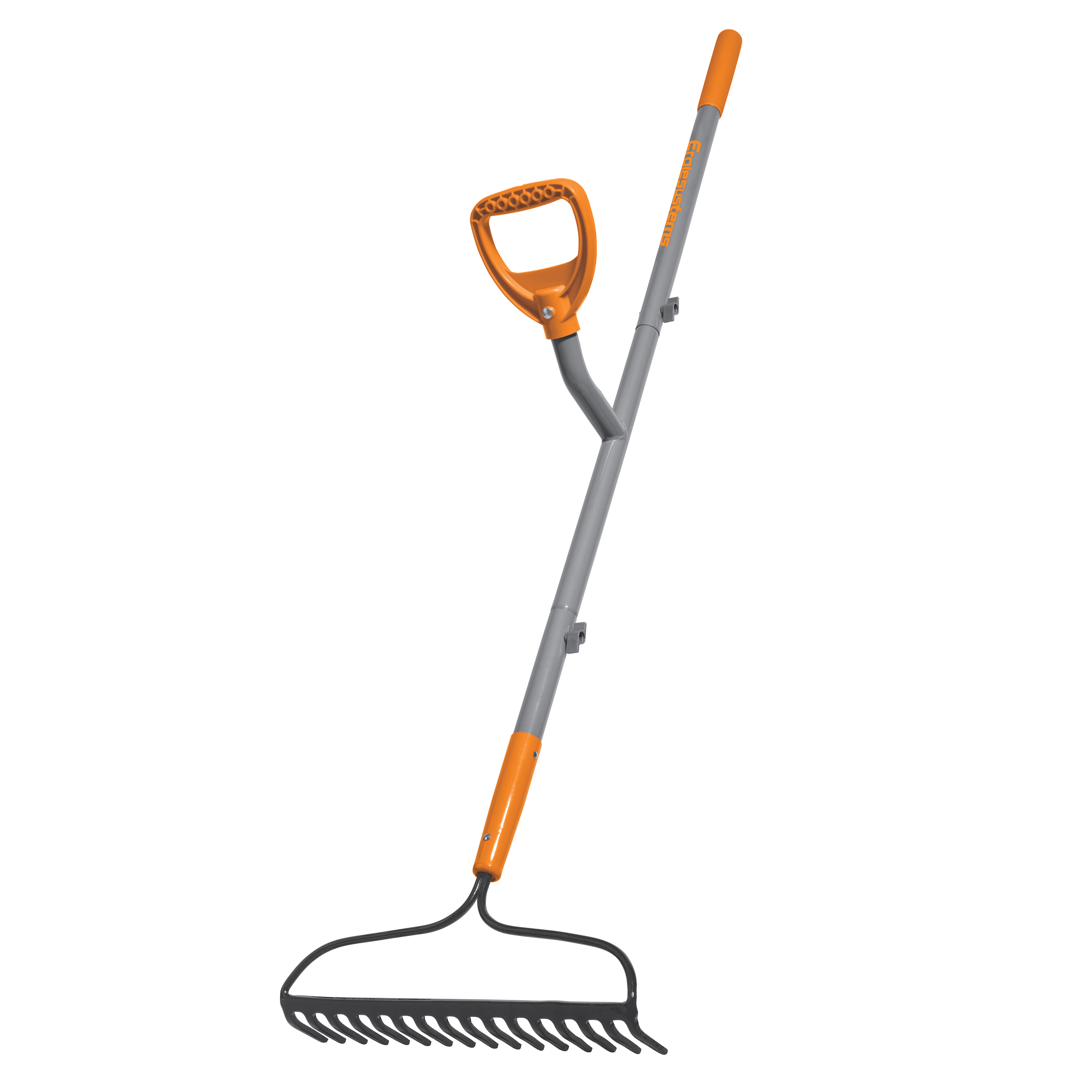 Angled view of the ErgieSystems 55-inch Steel Shaft Strain Reducing Bow Rake with 16 tines.