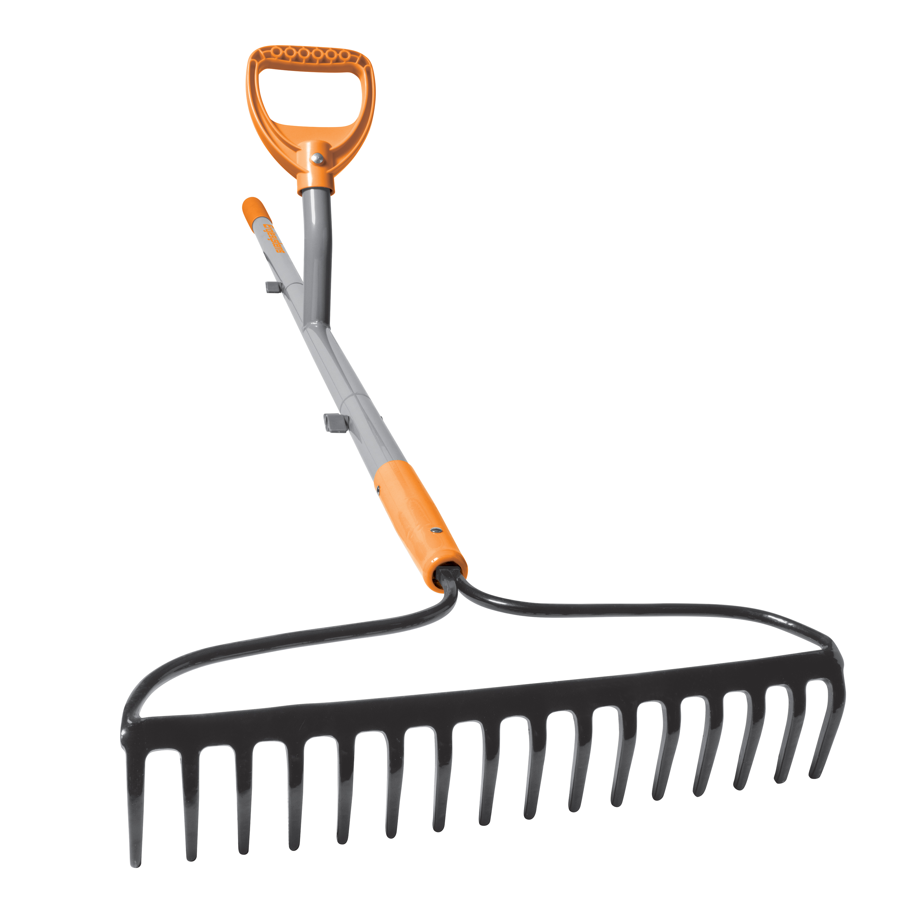 Front view of the ErgieSystems 55-inch Steel Shaft Strain Reducing Bow Rake with 16 tines.