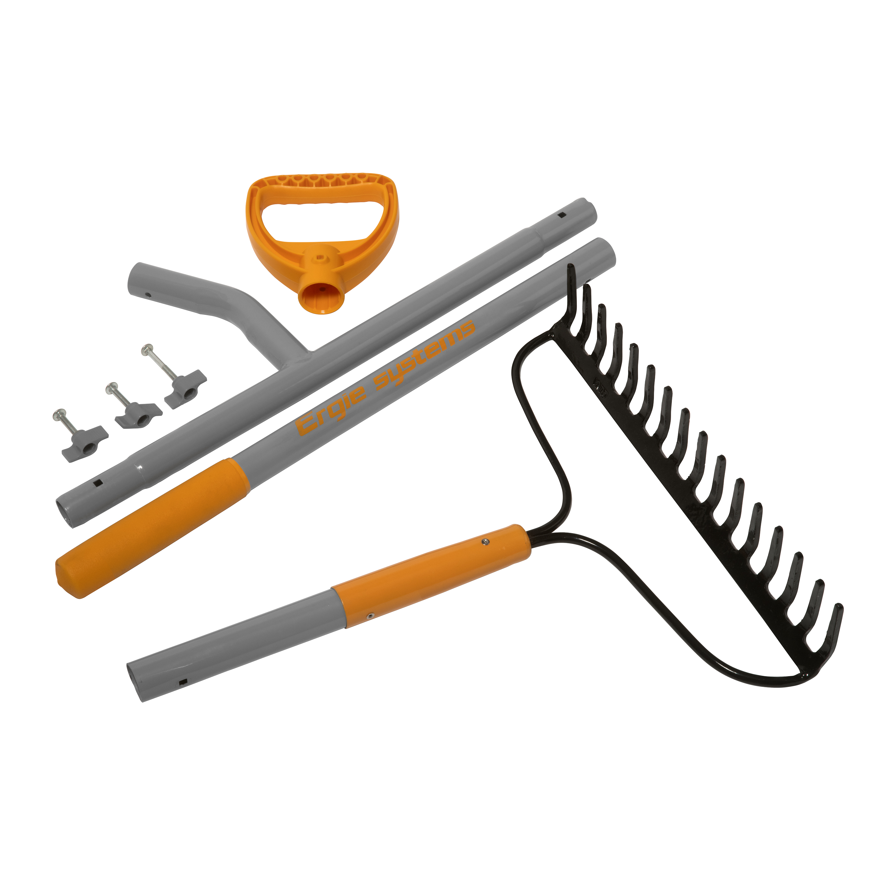 Unassembled ErgieSystems 55-inch Steel Shaft Strain Reducing Bow Rake with 16 tines.