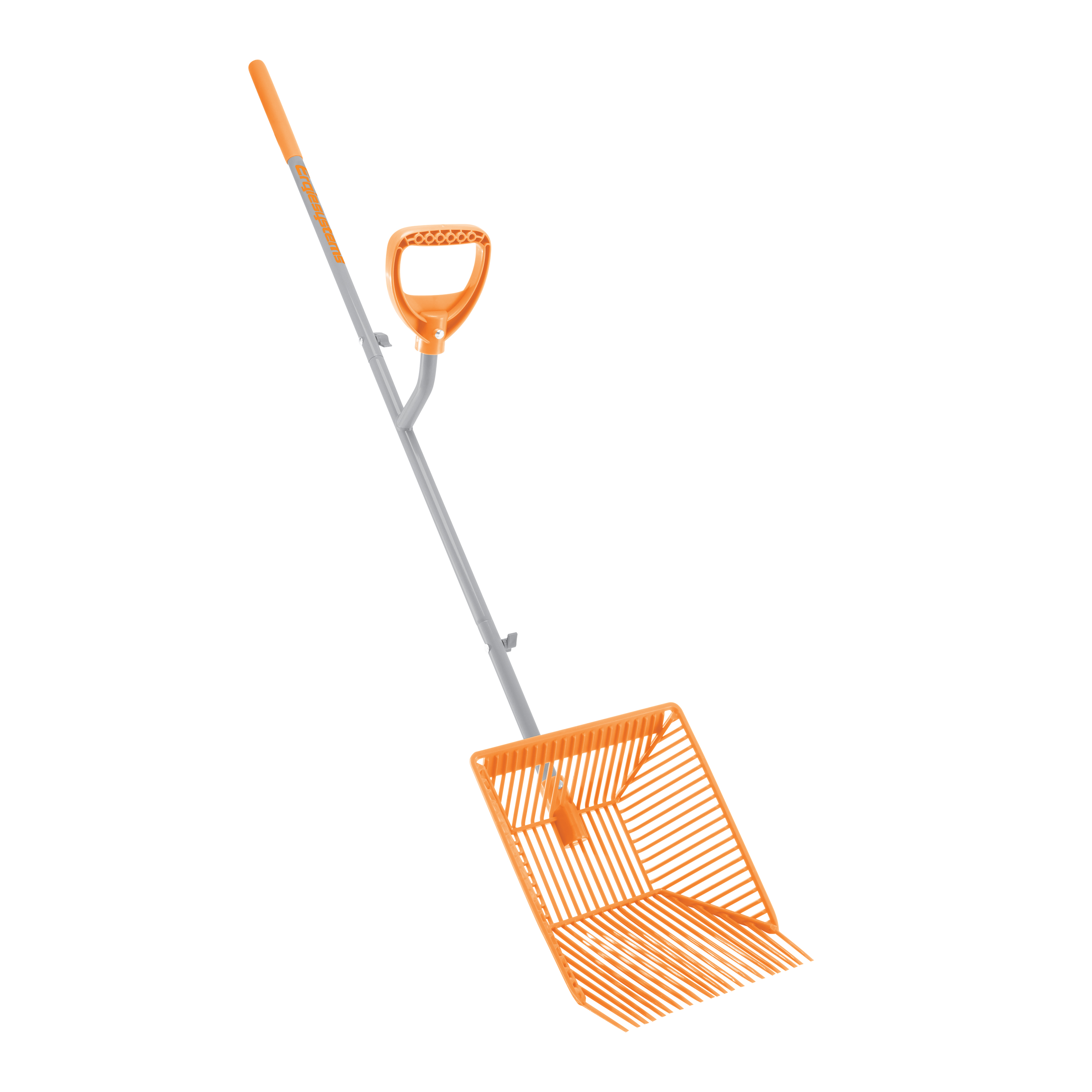 Angled view of the ErgieSystems 54-inch Steel Shaft Muck Scoop with Auto Sifting Fork Basket with 22 tines.