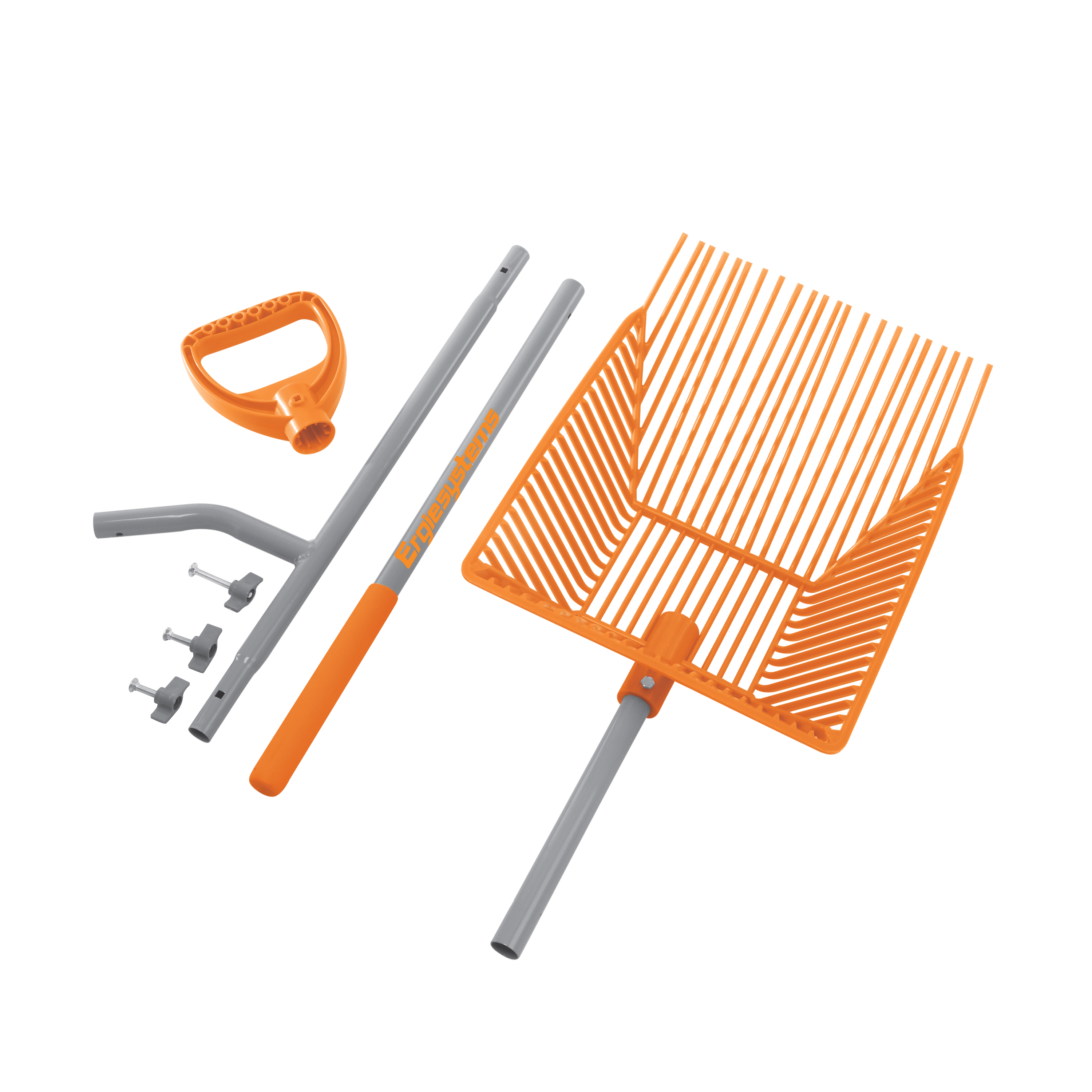Unassembled ErgieSystems 54-inch Steel Shaft Muck Scoop with Auto Sifting Fork Basket with 22 tines.