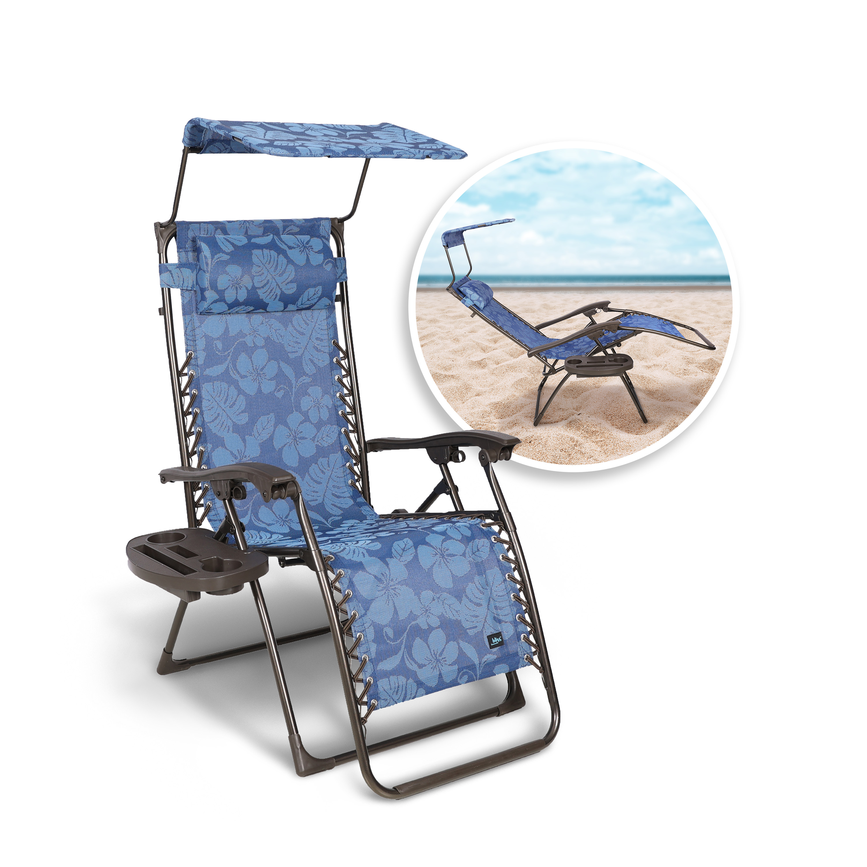 Bliss Hammocks 26 Gravity Free Beach Chair w/ Pillow & Canopy, Weather &  Rust Resistant