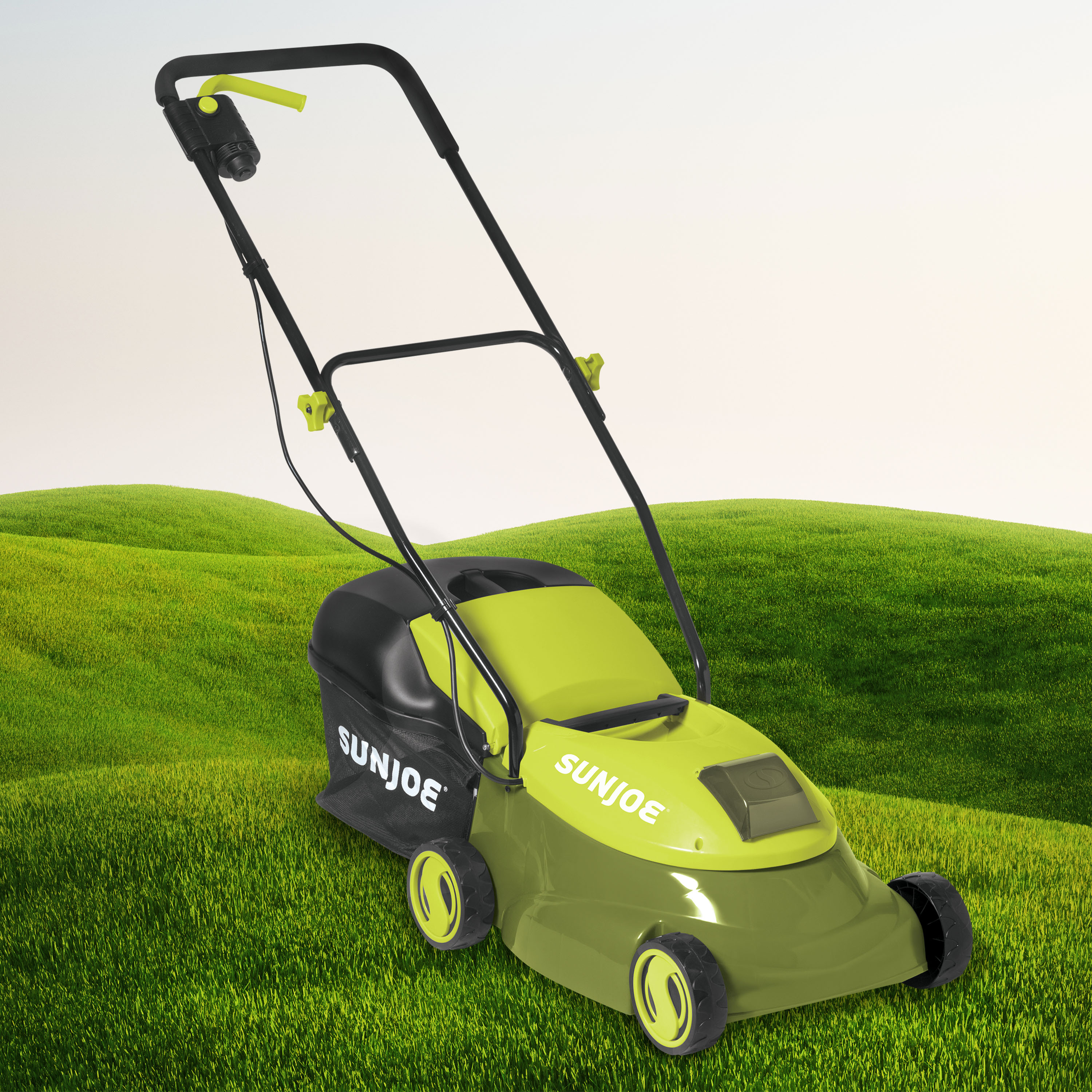 Safety Key Sun Joe MJ401C-RM 14-Inch 28-Volt Cordless Push Lawn Mower 14 inches Green Renewed 3-Position Height Adjustment w/10.6-Gallon Collection Bag 