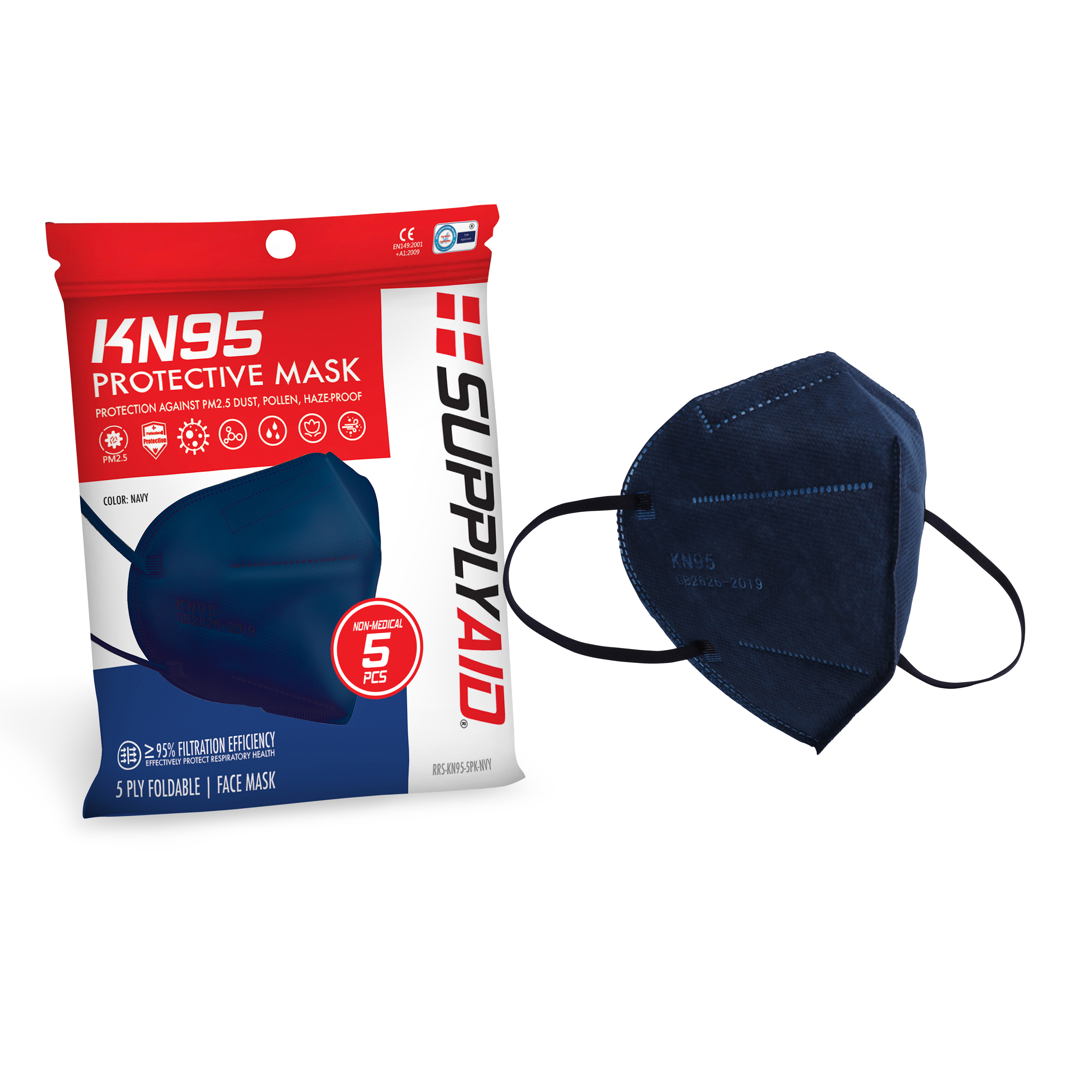 Supply Aid 5-pack of Navy KN95 Protective Face Masks.