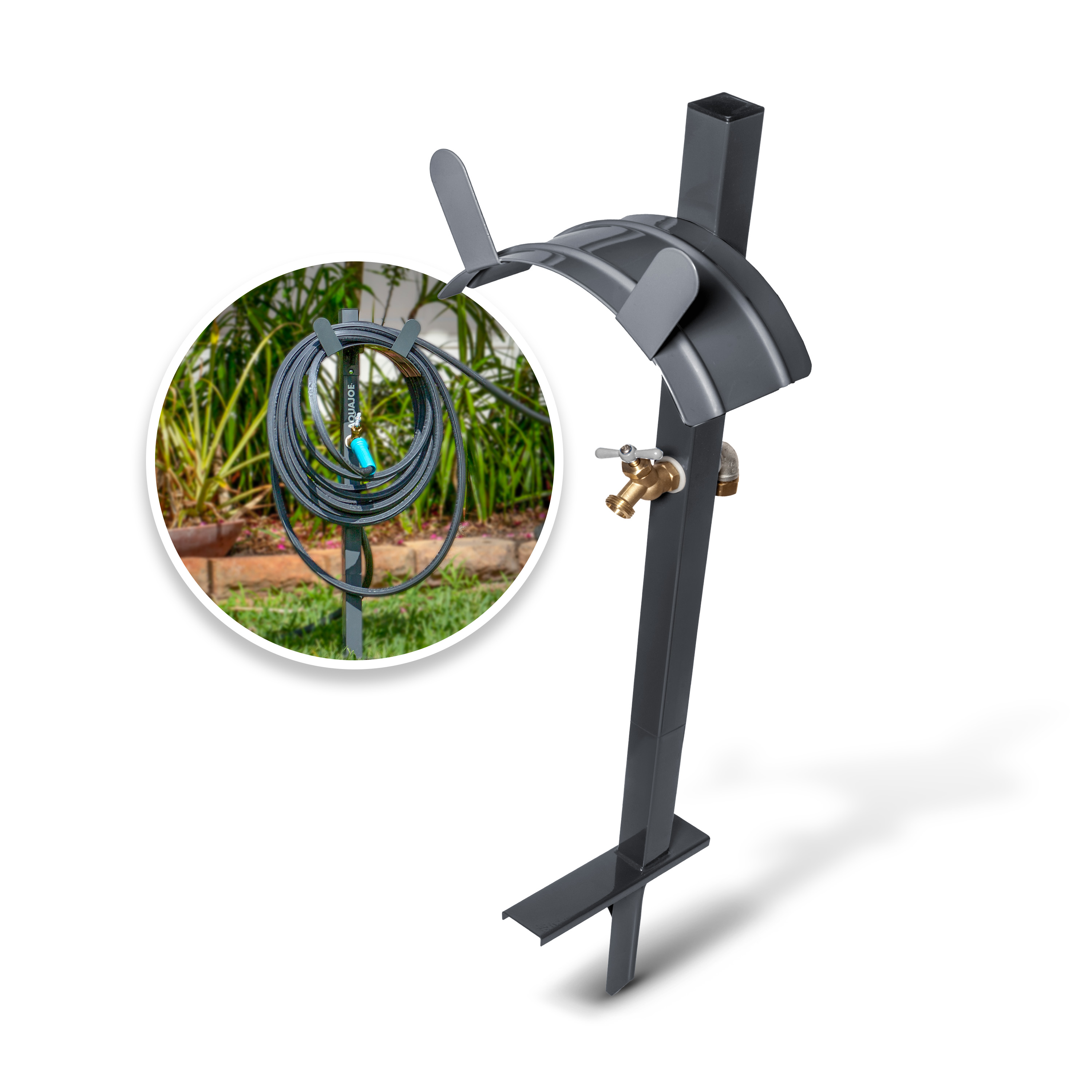 Aqua Joe Garden Hose Stand with Brass Faucet (Gray)