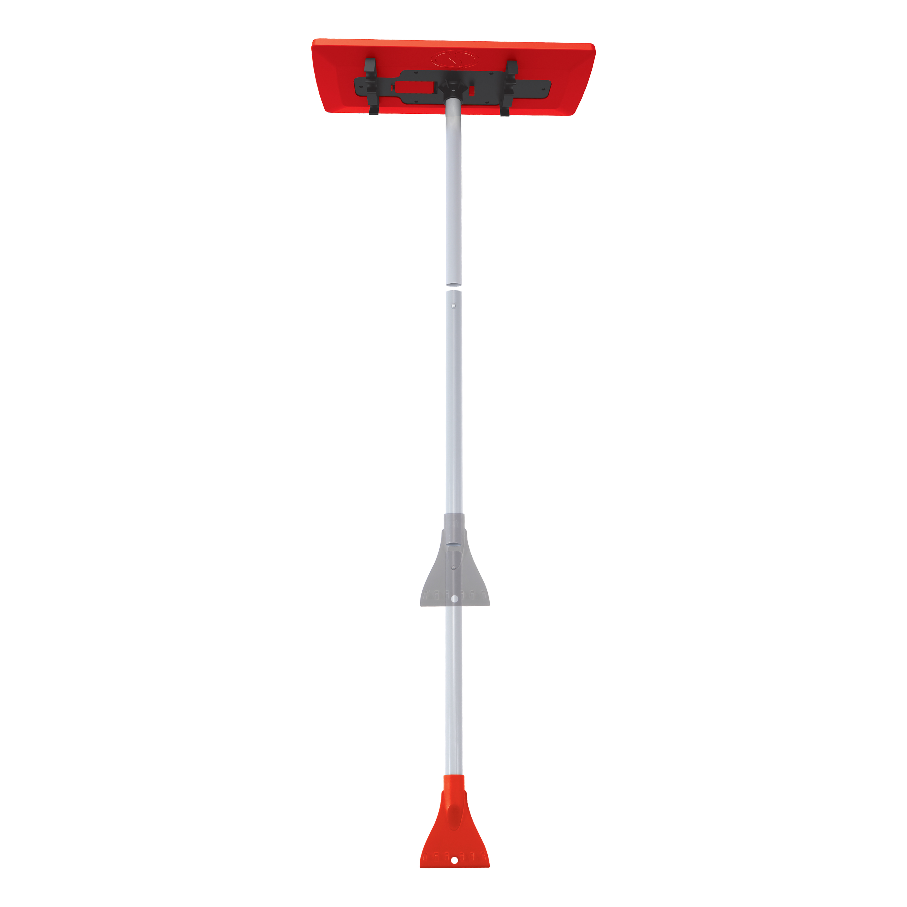 Snow Joe 18-inch 3-in-1 red-colored telescoping snow broom and ice scraper with an LED light with motion blur showing the extendable pole.